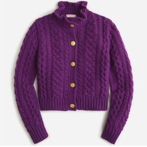 J Crew Cable Knit Ruffleneck Cardigan Sweater